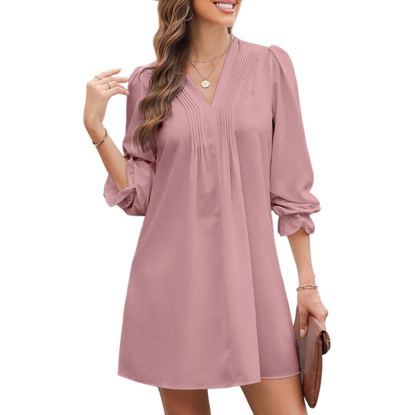 Womens Casual Dress A-Line Ruffle Sleeve V Neck Midi Dress 2026 Fashion Pleated Flowy Sundress Loose Shirt Dresses