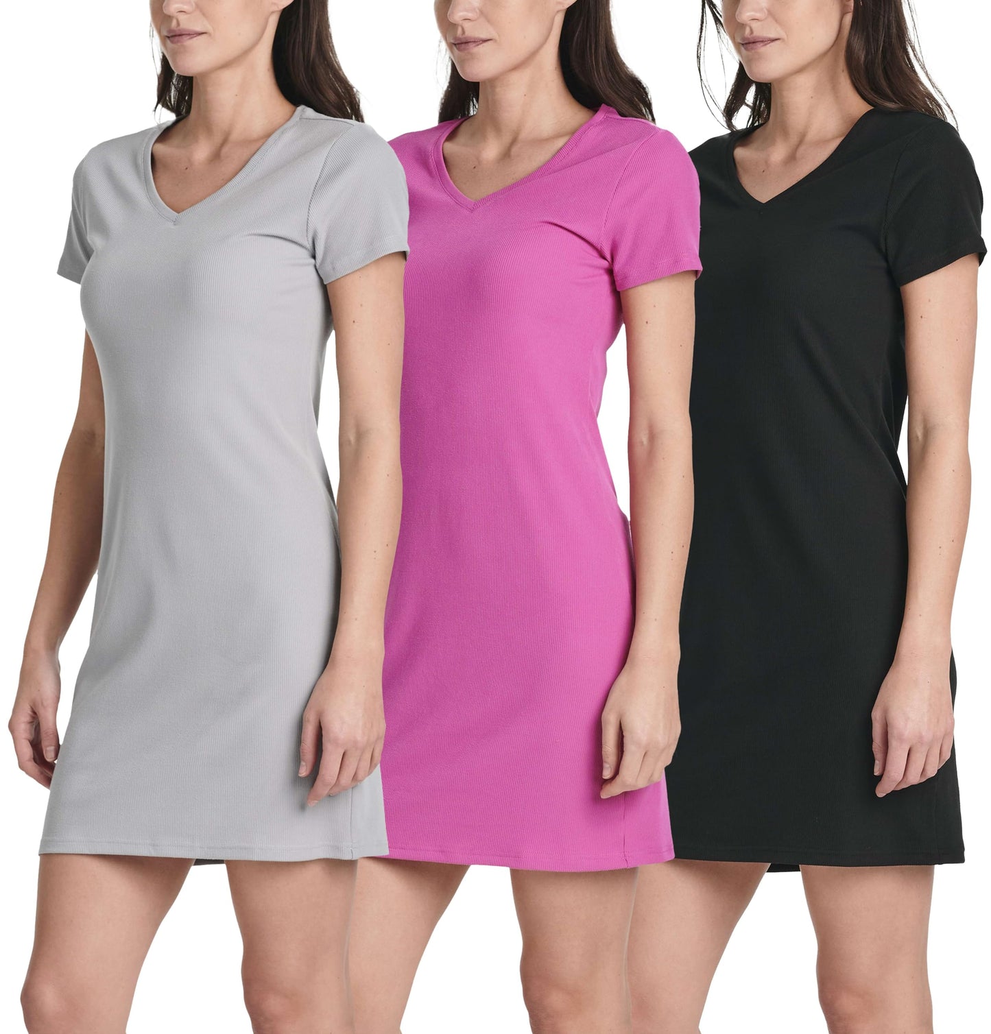 3 Pack: Women's Ribbed Knit Short-Sleeve V-Neck Swing T-Shirt Casual Dress (Available in Plus)
