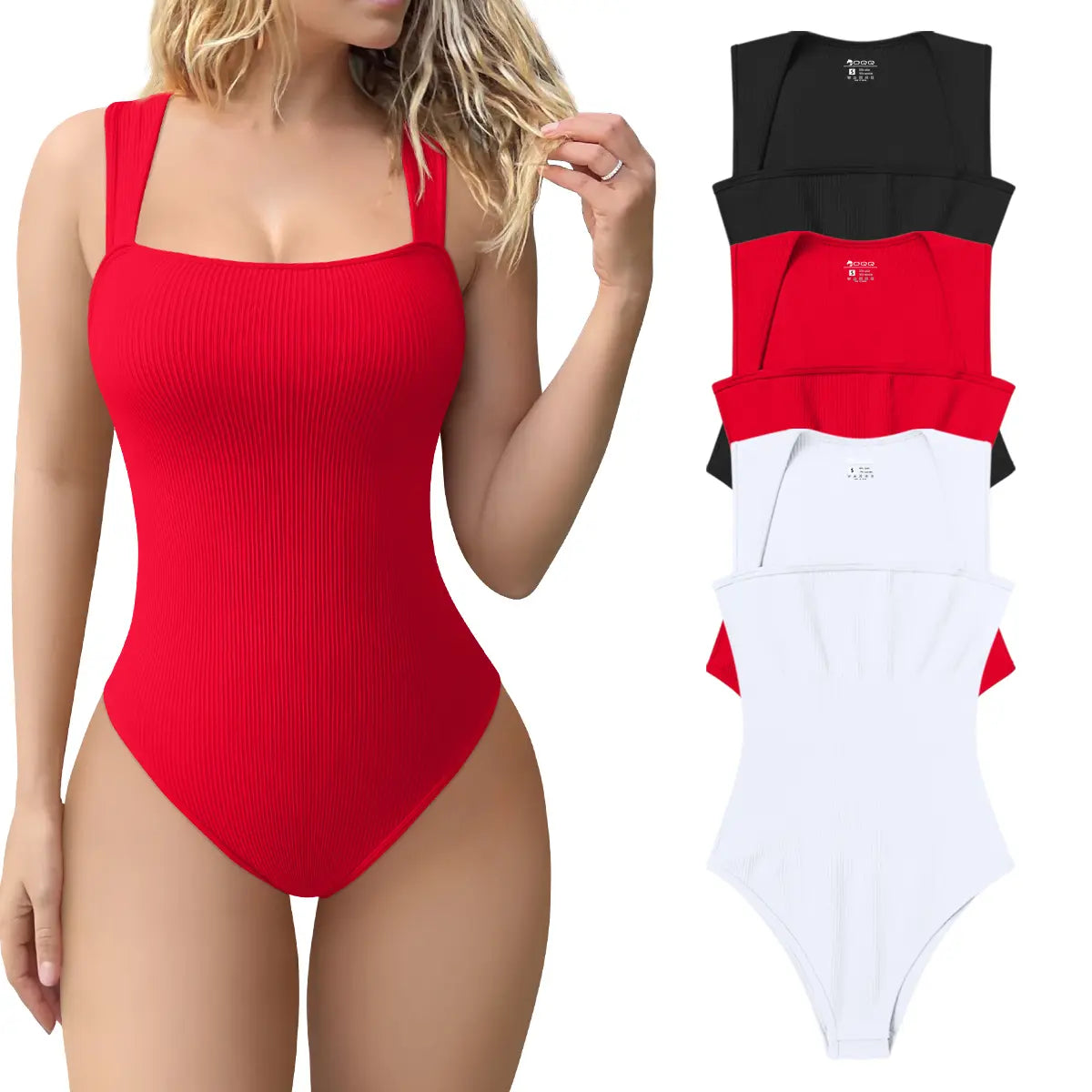 Women's 3 Piece Ribbed Bodysuits - Sexy Square Neck Sleeveless Tank Top Design - Stretchy Soft Womenswear Underwear Lady Comfort Trendy,back to school,back to school shopping