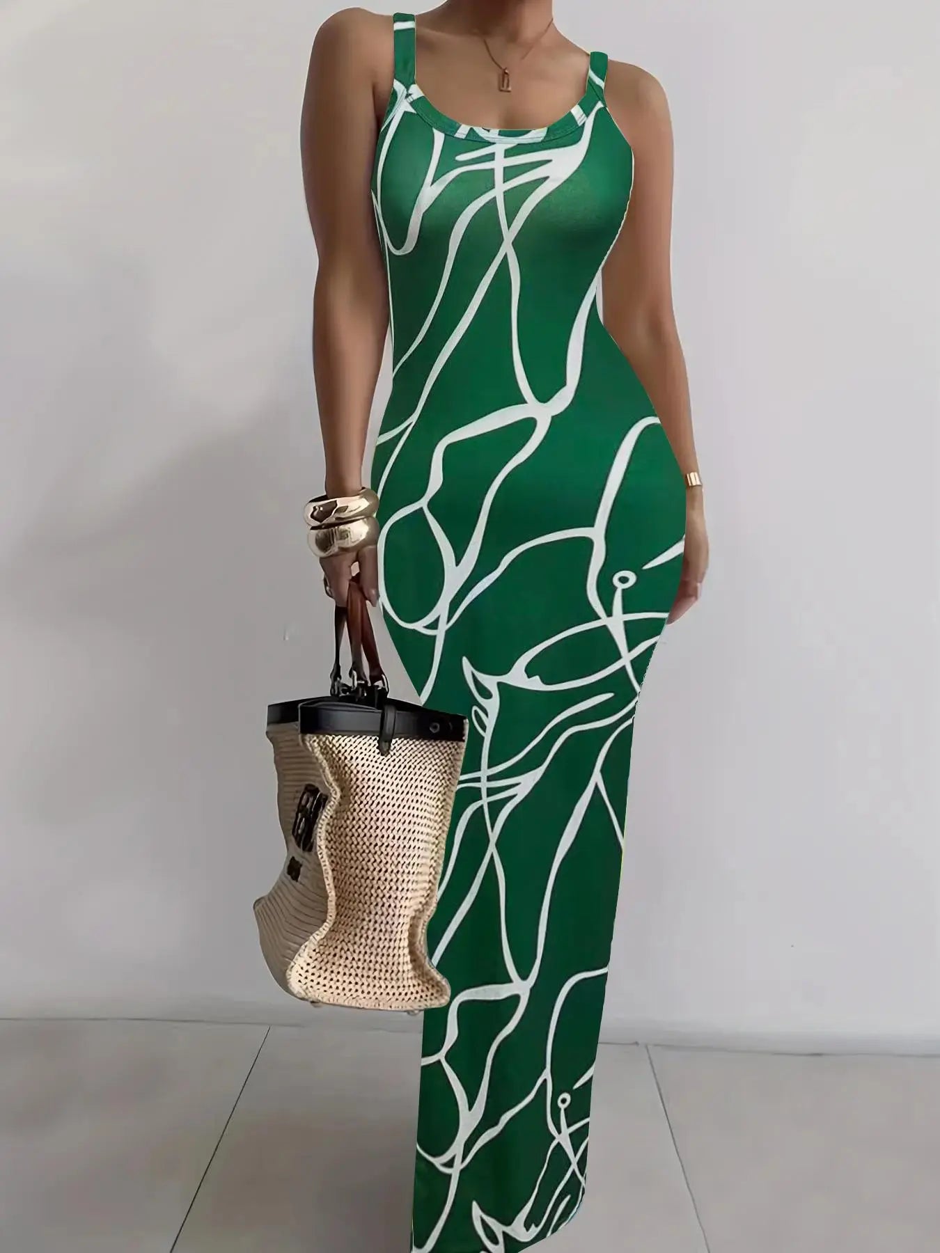 Women's Random Print Bodycon Dress, Elegant Sleeveless Long Dress for Beach Holiday Vacation, Ladies Summer Clothes, Sun Dresses, Casual Wear, Bohemian Sleeveless Dress, Womenswear, Fashion