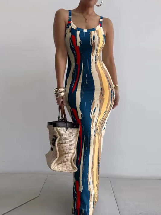 Women's Random Print Bodycon Dress, Elegant Sleeveless Long Dress for Beach Holiday Vacation, Ladies Summer Clothes, Sun Dresses, Casual Wear, Bohemian Sleeveless Dress, Womenswear, Fashion