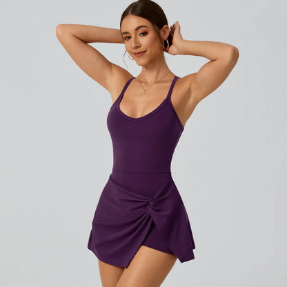 Women's 2-Piece Solid Color Cross-Back Tank Romper & Sports Skirt Set - High-Stretch Spandex, Cheerleader Style Lace-Up, Gym Yoga Attire, Cute 2-Piece Casual Matching Set for Women, Matching Sets For Women, Women's Matching Sets