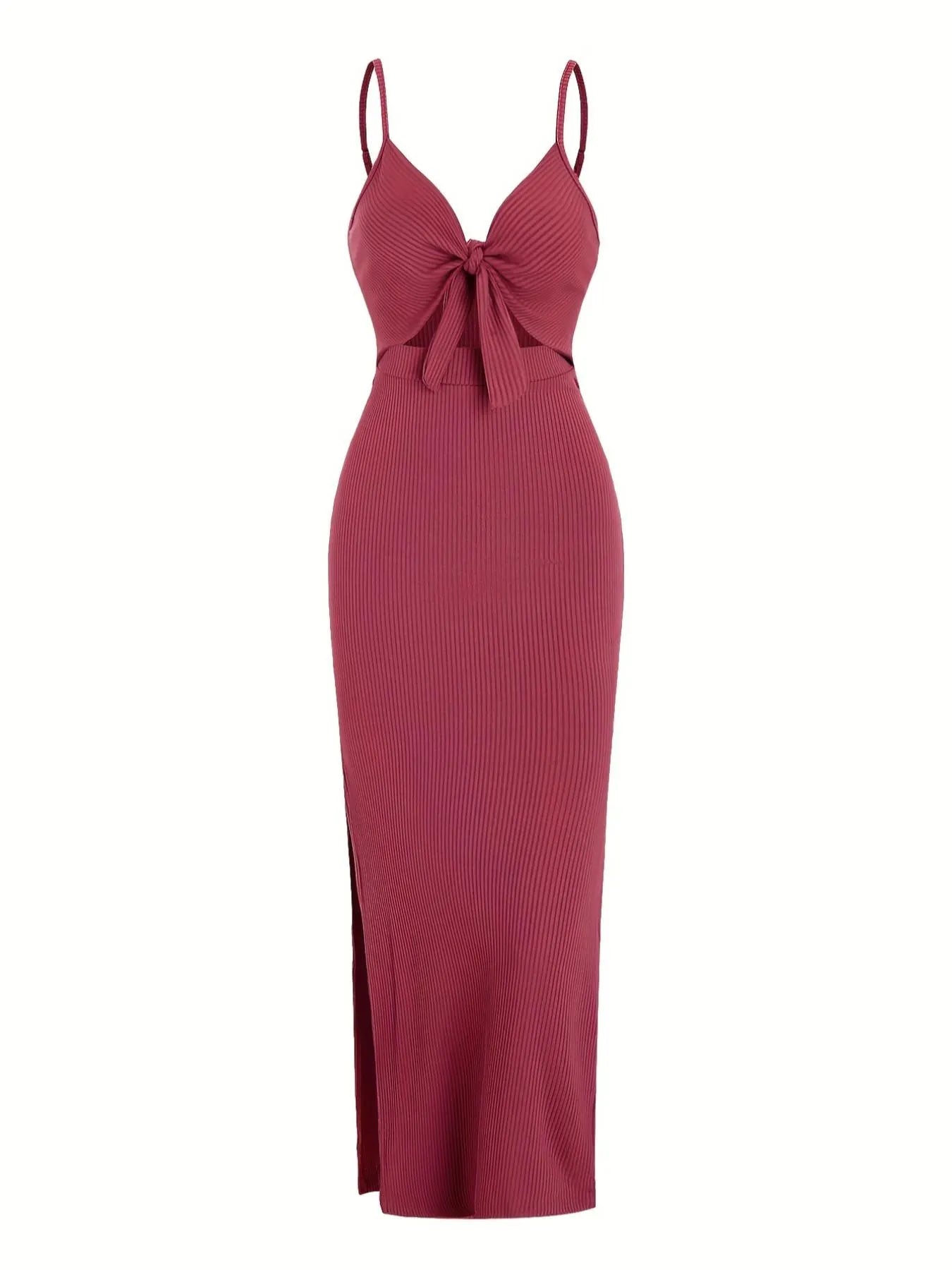 Women's Plain Cut Out Knot Front Split Thigh Bodycon Long Dress, Spaghetti Strap Sleeveless, Summer Clothes Women, Solid Cami Dress, Ladies Casual Summer Evening Party Nightclub Dress