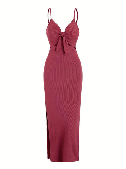 Women's Plain Cut Out Knot Front Split Thigh Bodycon Long Dress, Spaghetti Strap Sleeveless, Summer Clothes Women, Solid Cami Dress, Ladies Casual Summer Evening Party Nightclub Dress