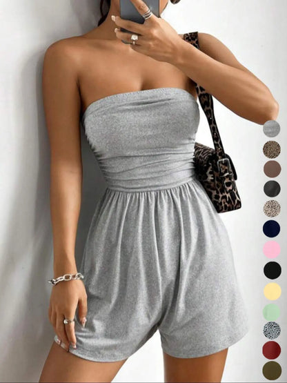 Women's Sleeveless Strapless Jumpsuit, Solid Color, Casual Fitted Short Pants, Multi-Color Basic Summer, Butter Vacation Style, Beach Jumpsuit