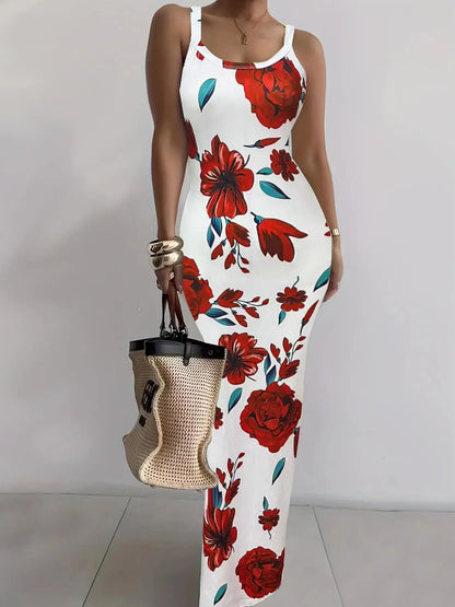 Women's Random Print Bodycon Dress, Elegant Sleeveless Long Dress for Beach Holiday Vacation, Ladies Summer Clothes, Sun Dresses, Casual Wear, Bohemian Sleeveless Dress, Womenswear, Fashion