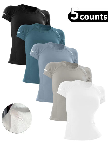Women's Yoga Letter Round Neck Sporty Athletic Breathable Short Sleeve T-Shirt, High Stretch Fitness Running Yoga Top, All Seasons Wear