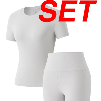 Women's Solid Round Neck Short Sleeve Athletic T-Shirt - 2 Piece Matching Gym Sets, Casual Sportswear for Indoor & Outdoor Fitness, Women's Clothes, Clothing summerwins Try it,travel essentials,camping essentials