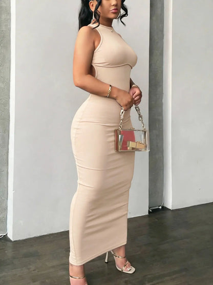 Women's Sexy Chic Round Neck Cutout Long Dress, Backless Criss Cross Design, Split Hem, High Stretch Fabric, Casual Sleeveless Dress Fit
