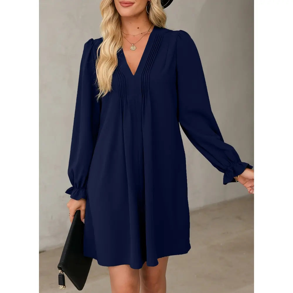Womens Casual Dress A-Line Ruffle Sleeve V Neck Midi Dress 2026 Fashion Pleated Flowy Sundress Loose Shirt Dresses