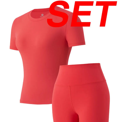 Women's Solid Round Neck Short Sleeve Athletic T-Shirt - 2 Piece Matching Gym Sets, Casual Sportswear for Indoor & Outdoor Fitness, Women's Clothes, Clothing summerwins Try it,travel essentials,camping essentials
