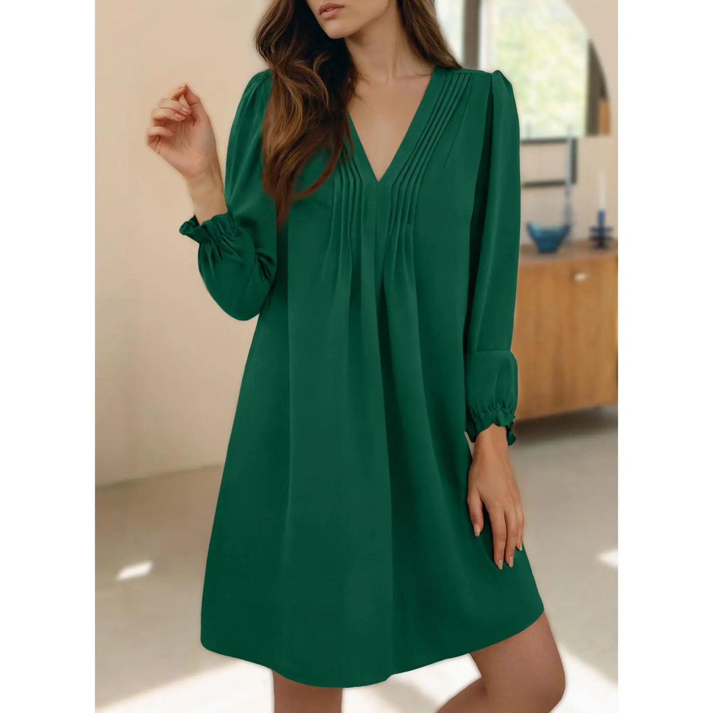 Womens Casual Dress A-Line Ruffle Sleeve V Neck Midi Dress 2026 Fashion Pleated Flowy Sundress Loose Shirt Dresses