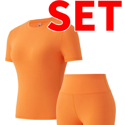 Women's Solid Round Neck Short Sleeve Athletic T-Shirt - 2 Piece Matching Gym Sets, Casual Sportswear for Indoor & Outdoor Fitness, Women's Clothes, Clothing summerwins Try it,travel essentials,camping essentials