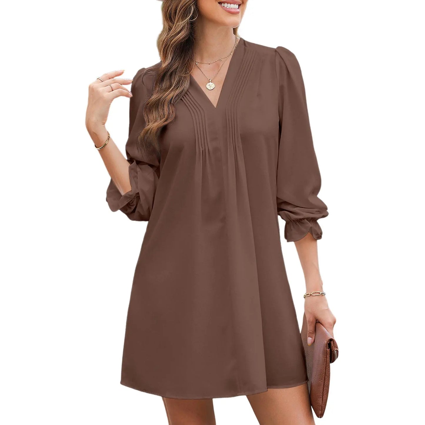 Womens Casual Dress A-Line Ruffle Sleeve V Neck Midi Dress 2026 Fashion Pleated Flowy Sundress Loose Shirt Dresses
