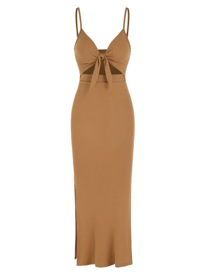 Women's Plain Cut Out Knot Front Split Thigh Bodycon Long Dress, Spaghetti Strap Sleeveless, Summer Clothes Women, Solid Cami Dress, Ladies Casual Summer Evening Party Nightclub Dress