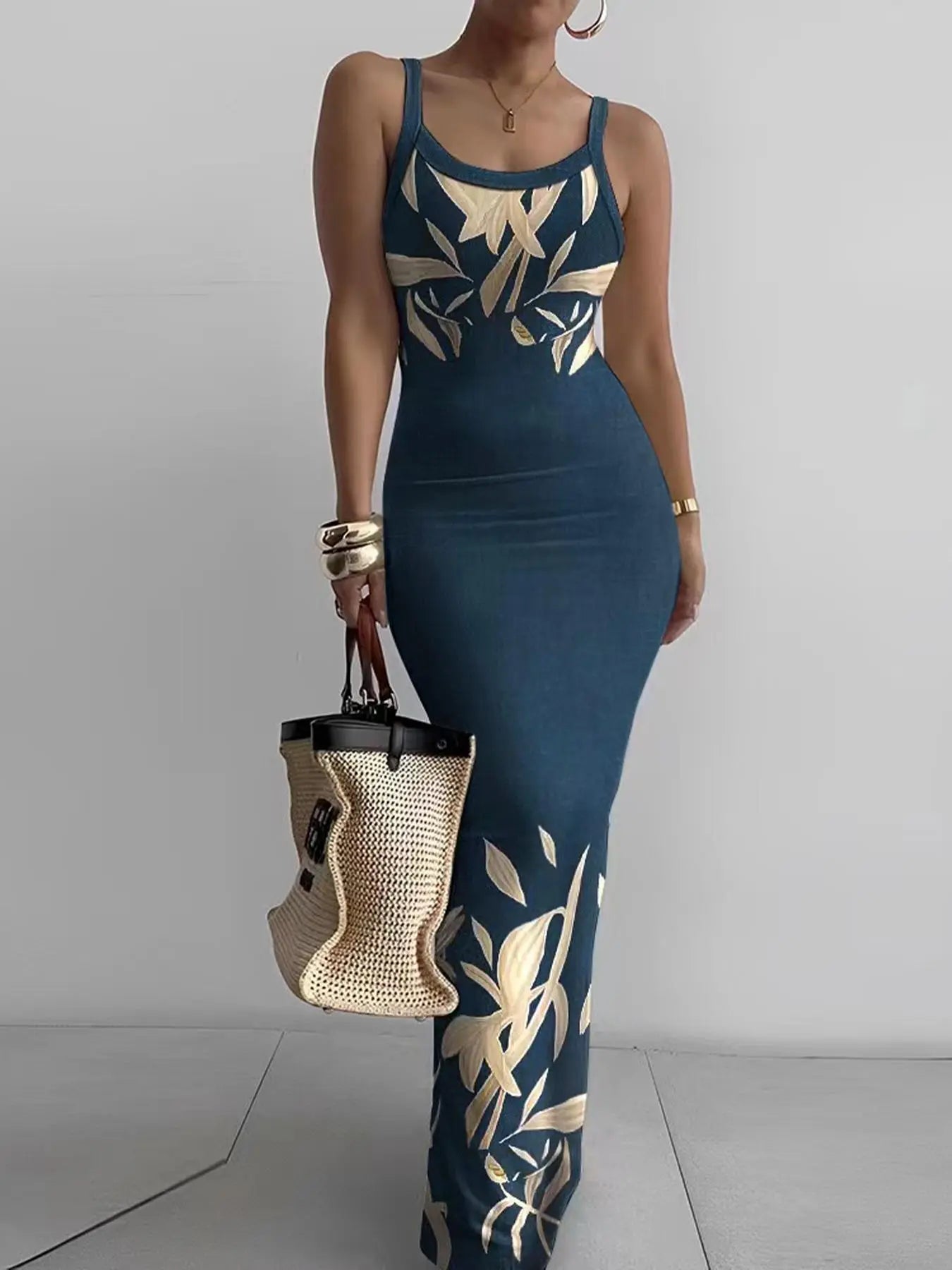 Women's Random Print Bodycon Dress, Elegant Sleeveless Long Dress for Beach Holiday Vacation, Ladies Summer Clothes, Sun Dresses, Casual Wear, Bohemian Sleeveless Dress, Womenswear, Fashion
