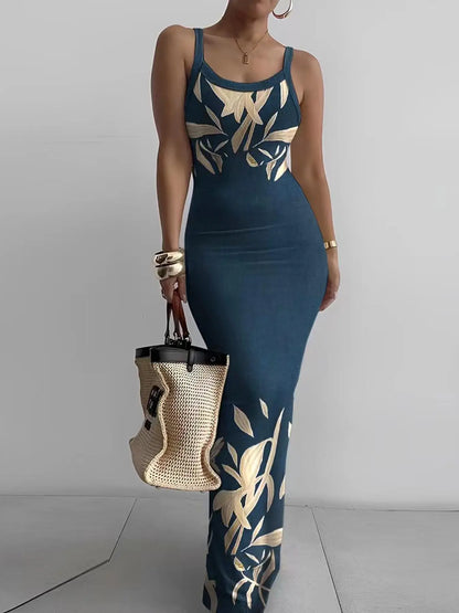 Women's Random Print Bodycon Dress, Elegant Sleeveless Long Dress for Beach Holiday Vacation, Ladies Summer Clothes, Sun Dresses, Casual Wear, Bohemian Sleeveless Dress, Womenswear, Fashion