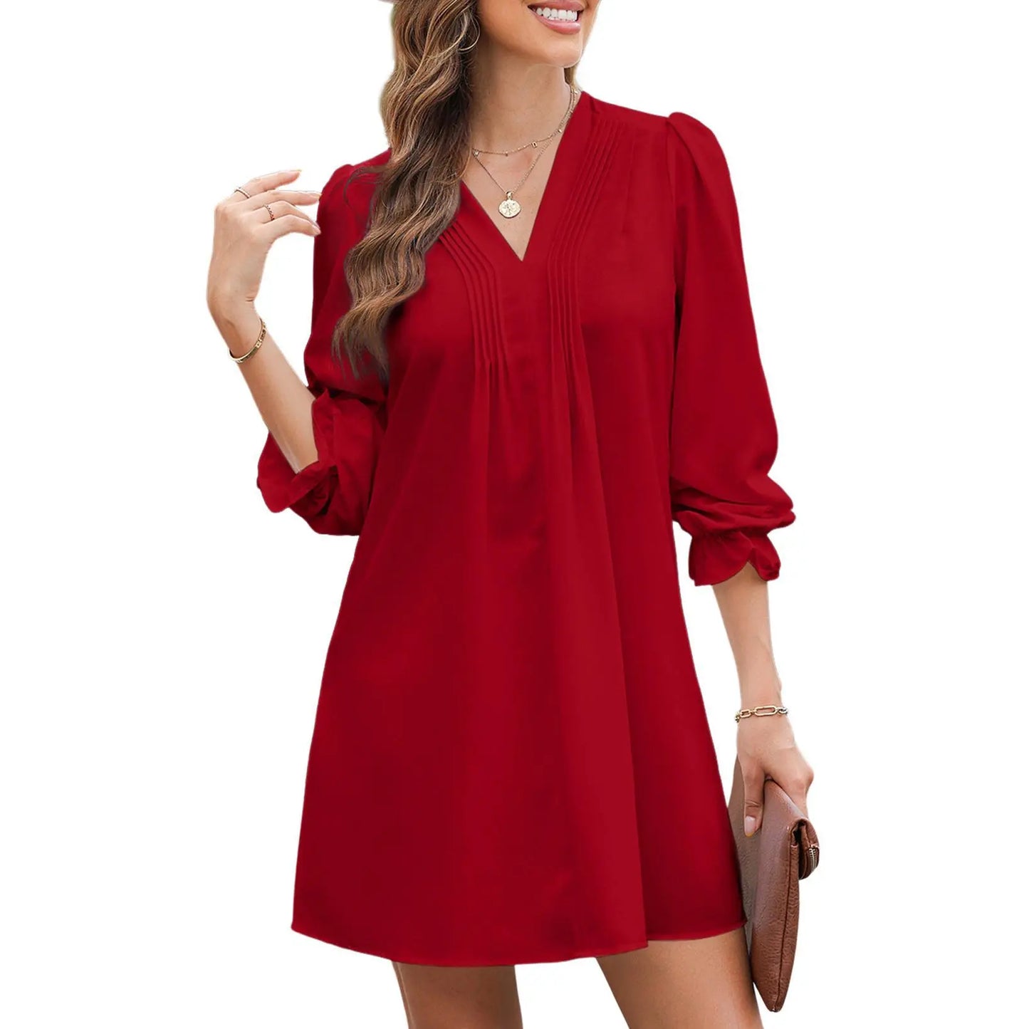 Womens Casual Dress A-Line Ruffle Sleeve V Neck Midi Dress 2026 Fashion Pleated Flowy Sundress Loose Shirt Dresses