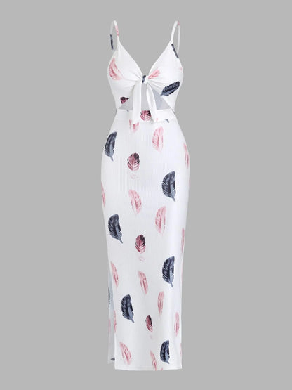 Women's Plain Cut Out Knot Front Split Thigh Bodycon Long Dress, Spaghetti Strap Sleeveless, Summer Clothes Women, Solid Cami Dress, Ladies Casual Summer Evening Party Nightclub Dress