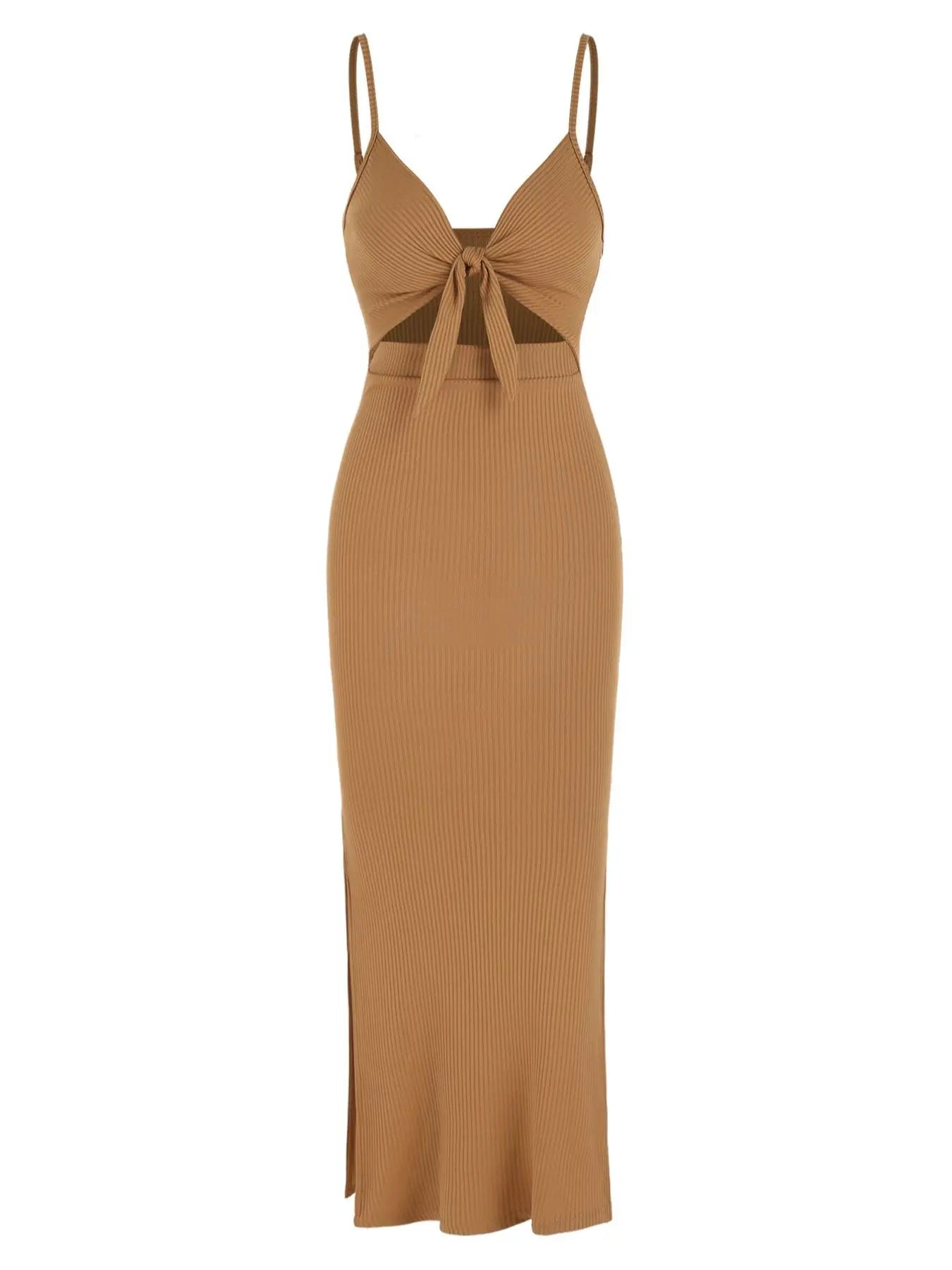 Women's Plain Cut Out Knot Front Split Thigh Bodycon Long Dress, Spaghetti Strap Sleeveless, Summer Clothes Women, Solid Cami Dress, Ladies Casual Summer Evening Party Nightclub Dress
