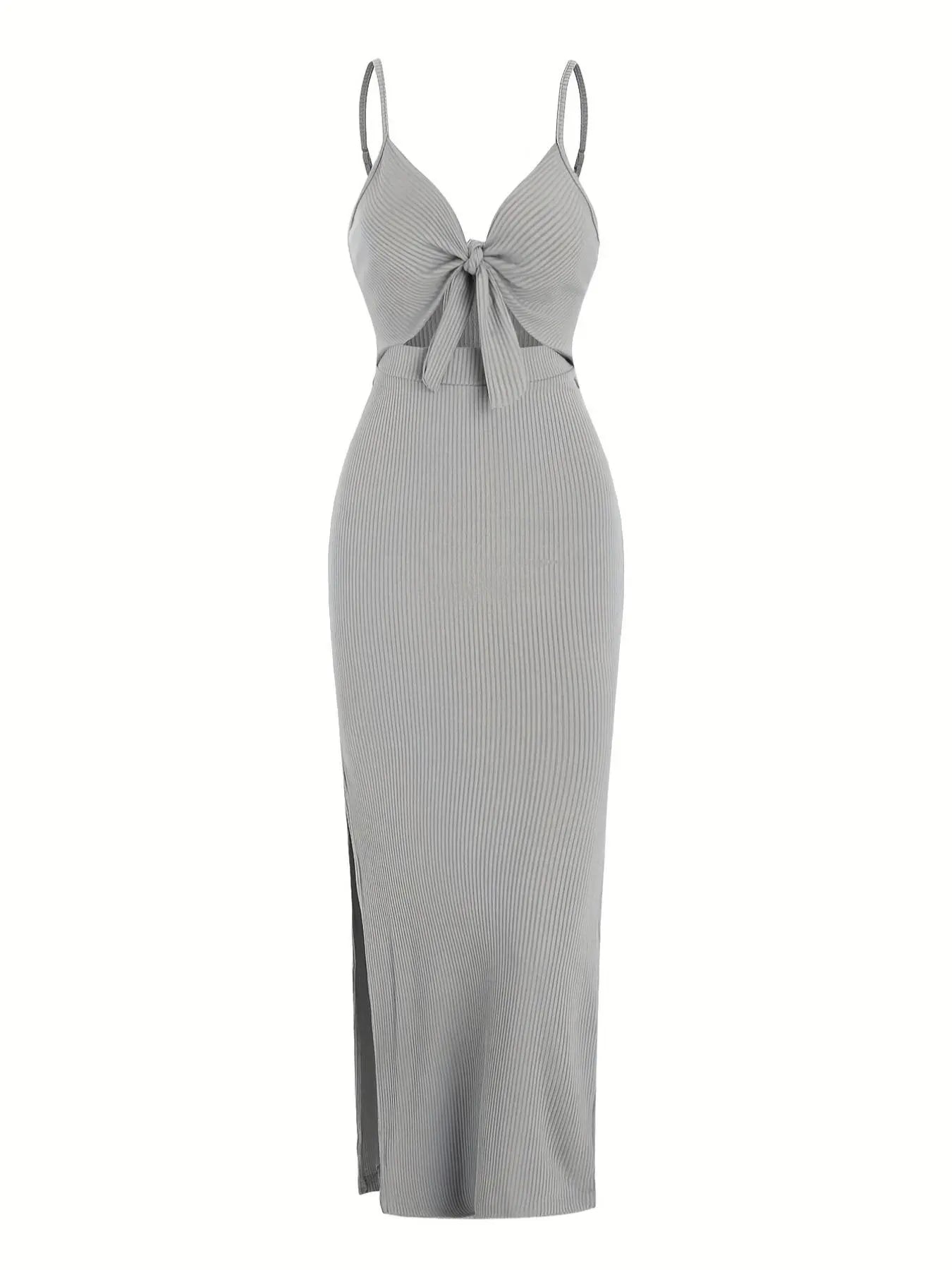 Women's Plain Cut Out Knot Front Split Thigh Bodycon Long Dress, Spaghetti Strap Sleeveless, Summer Clothes Women, Solid Cami Dress, Ladies Casual Summer Evening Party Nightclub Dress