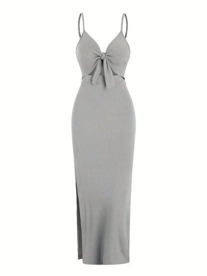 Women's Plain Cut Out Knot Front Split Thigh Bodycon Long Dress, Spaghetti Strap Sleeveless, Summer Clothes Women, Solid Cami Dress, Ladies Casual Summer Evening Party Nightclub Dress