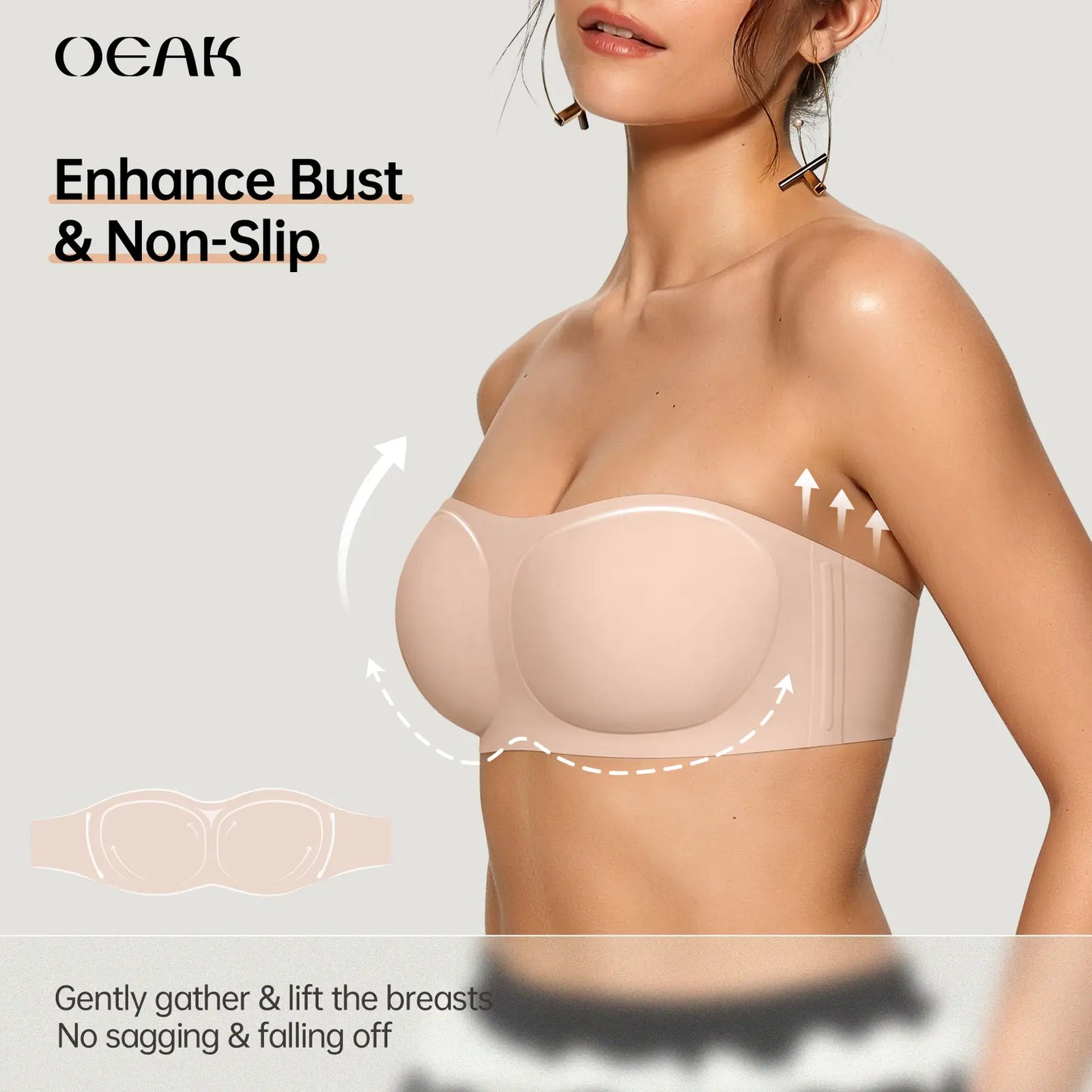 Womens Strapless Bras Push Up Bandeau Bra Non Slip Wireless Supportive Padded Bras Seamless Comfortable Tube Jelly Bra