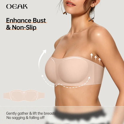 Womens Strapless Bras Push Up Bandeau Bra Non Slip Wireless Supportive Padded Bras Seamless Comfortable Tube Jelly Bra