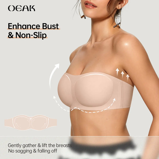 Womens Strapless Bras Push Up Bandeau Bra Non Slip Wireless Supportive Padded Bras Seamless Comfortable Tube Jelly Bra