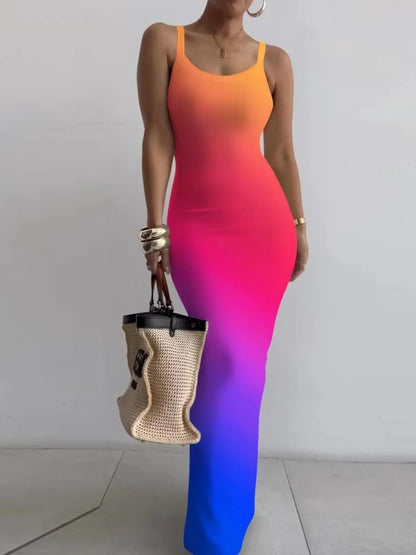 Women's Random Print Bodycon Dress, Elegant Sleeveless Long Dress for Beach Holiday Vacation, Ladies Summer Clothes, Sun Dresses, Casual Wear, Bohemian Sleeveless Dress, Womenswear, Fashion