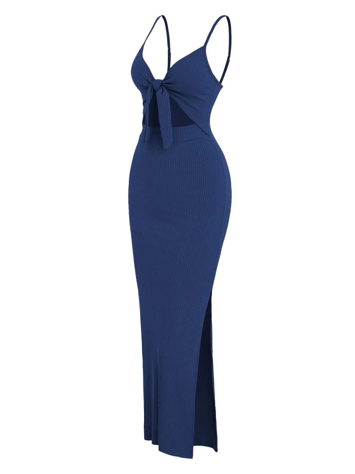 Women's Plain Cut Out Knot Front Split Thigh Bodycon Long Dress, Spaghetti Strap Sleeveless, Summer Clothes Women, Solid Cami Dress, Ladies Casual Summer Evening Party Nightclub Dress