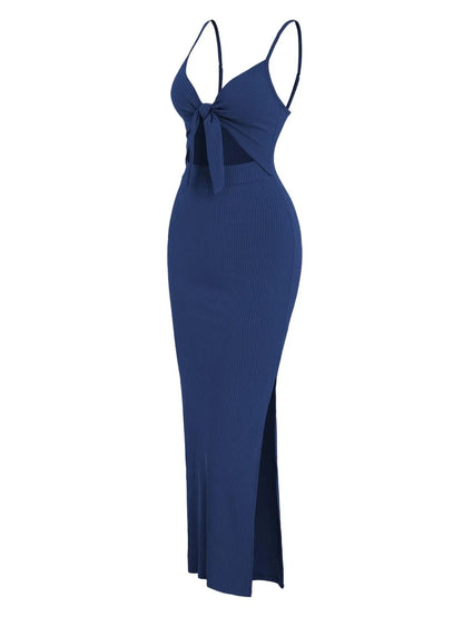 Women's Plain Cut Out Knot Front Split Thigh Bodycon Long Dress, Spaghetti Strap Sleeveless, Summer Clothes Women, Solid Cami Dress, Ladies Casual Summer Evening Party Nightclub Dress