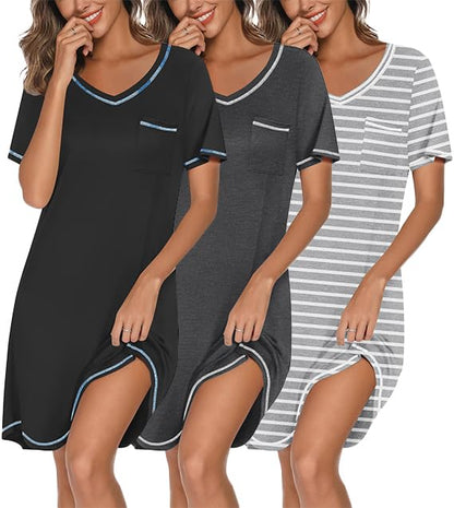3 Pack Nightgowns for Women Short Sleeve Sleep Shirt Soft Sleepwear | T shirt Nightgown V Neck Nightshirts Soft Sleepwear Dress Ladies Pajama Dress Plus Size Sleeping Gown Comfy Nightdress
