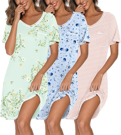 3 Pack Nightgowns for Women Short Sleeve Sleep Shirt Soft Sleepwear | T shirt Nightgown V Neck Nightshirts Soft Sleepwear Dress Ladies Pajama Dress Plus Size Sleeping Gown Comfy Nightdress