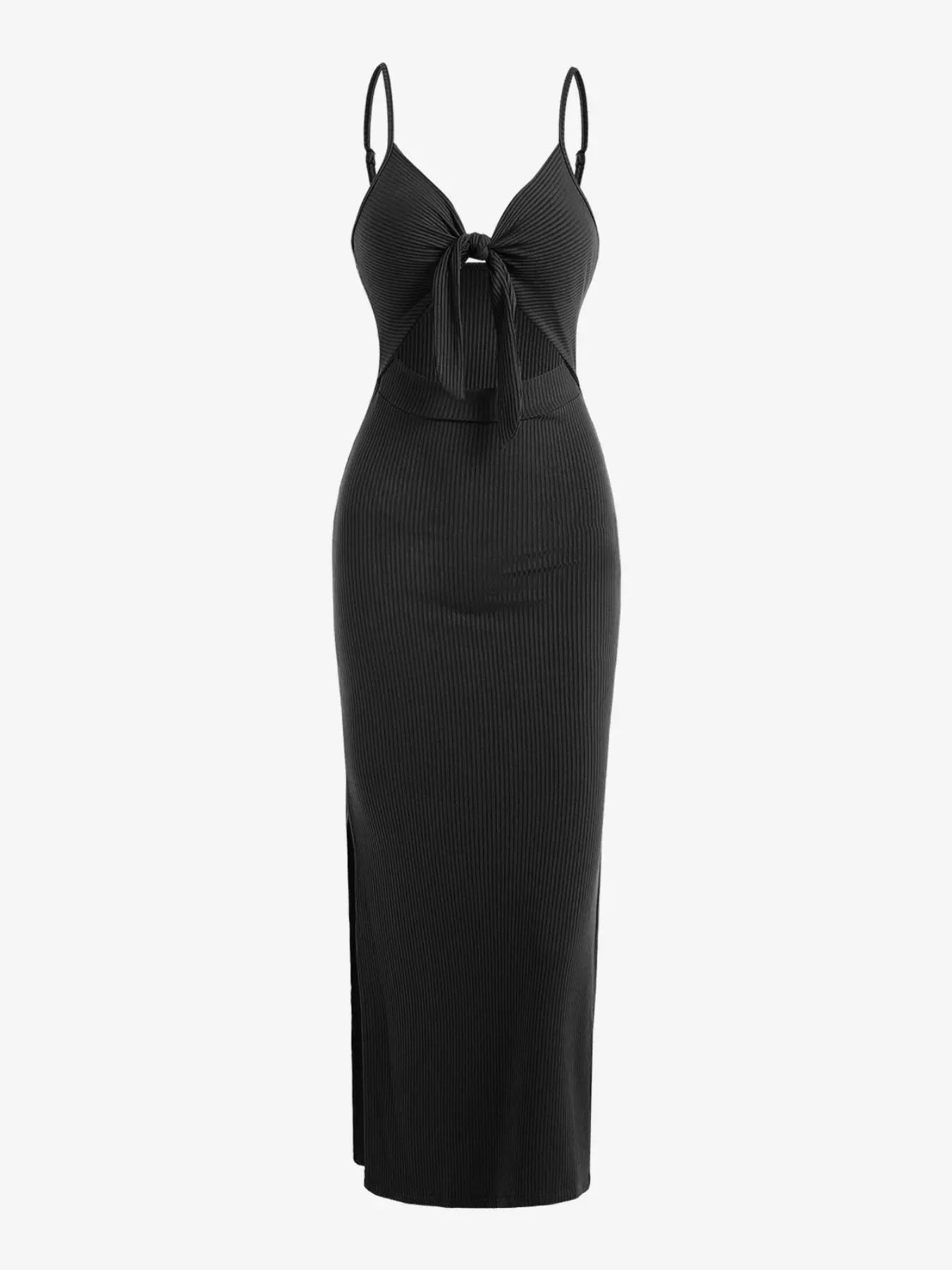 Women's Plain Cut Out Knot Front Split Thigh Bodycon Long Dress, Spaghetti Strap Sleeveless, Summer Clothes Women, Solid Cami Dress, Ladies Casual Summer Evening Party Nightclub Dress