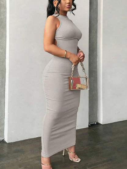 Women's Sexy Chic Round Neck Cutout Long Dress, Backless Criss Cross Design, Split Hem, High Stretch Fabric, Casual Sleeveless Dress Fit