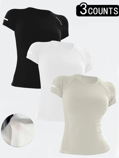 Women's Yoga Letter Round Neck Sporty Athletic Breathable Short Sleeve T-Shirt, High Stretch Fitness Running Yoga Top, All Seasons Wear