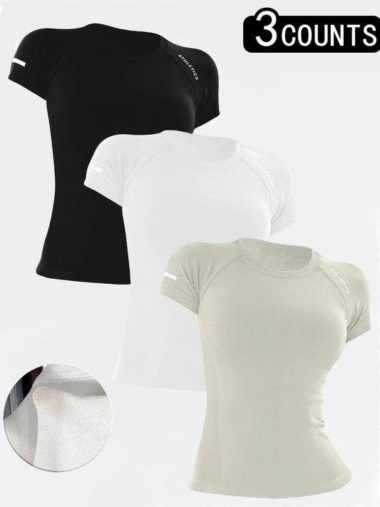 Women's Yoga Letter Round Neck Sporty Athletic Breathable Short Sleeve T-Shirt, High Stretch Fitness Running Yoga Top, All Seasons Wear