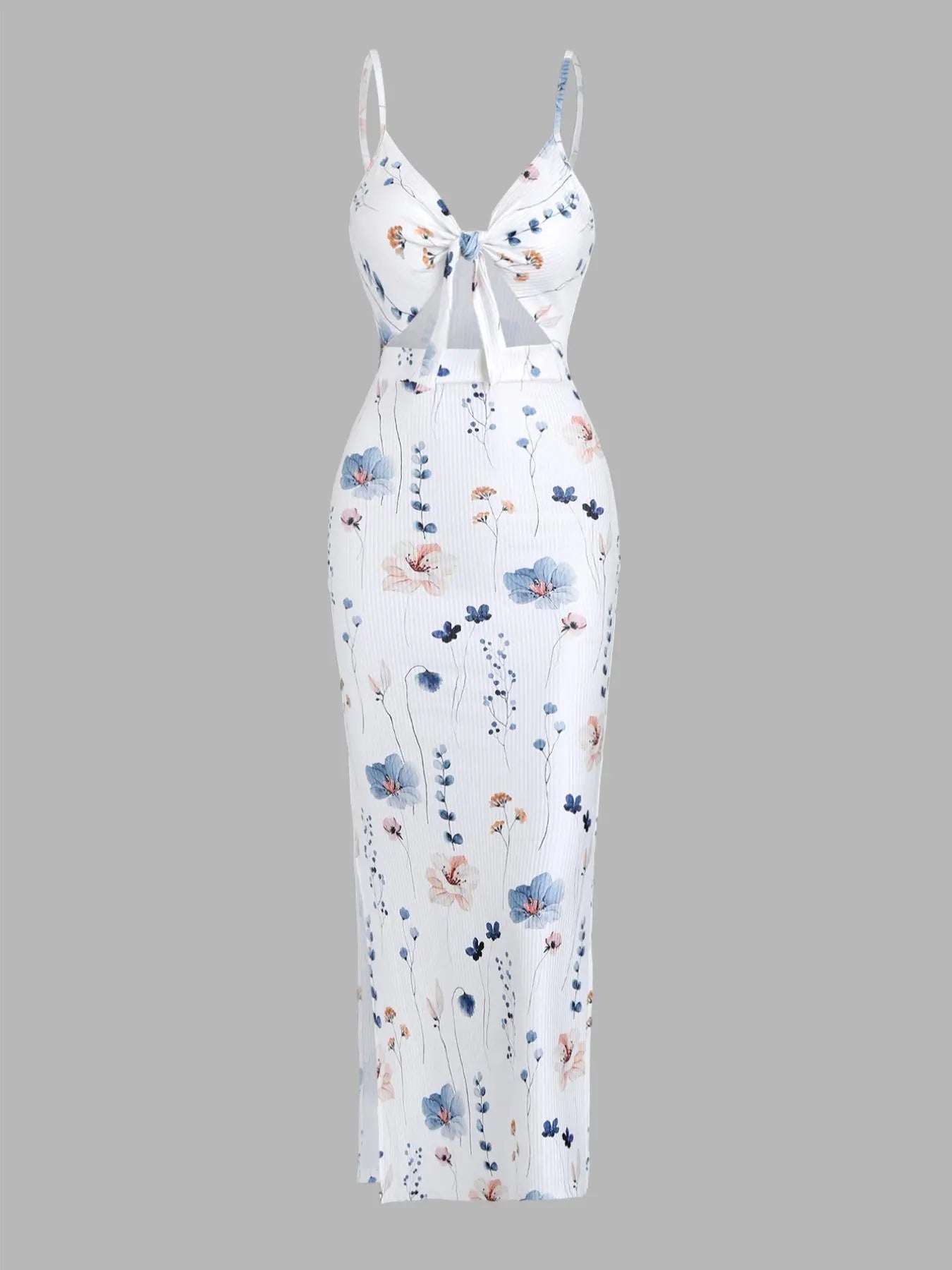 Women's Plain Cut Out Knot Front Split Thigh Bodycon Long Dress, Spaghetti Strap Sleeveless, Summer Clothes Women, Solid Cami Dress, Ladies Casual Summer Evening Party Nightclub Dress