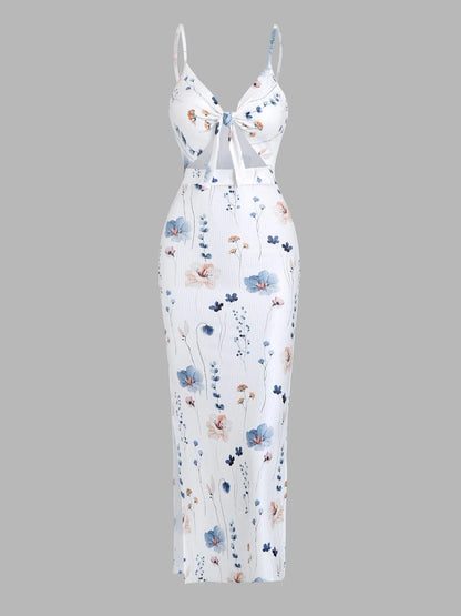 Women's Plain Cut Out Knot Front Split Thigh Bodycon Long Dress, Spaghetti Strap Sleeveless, Summer Clothes Women, Solid Cami Dress, Ladies Casual Summer Evening Party Nightclub Dress