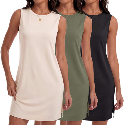 3 Pack Women Summer Dress Sleeveless Crew Neck Tank Dress 2026 Casual Mini Dresses Beach T Shirt Sundress with Split
