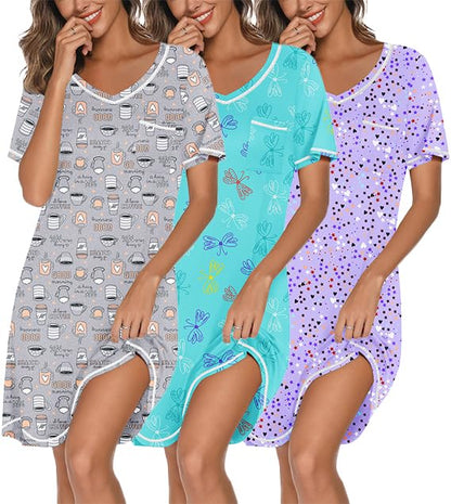 3 Pack Nightgowns for Women Short Sleeve Sleep Shirt Soft Sleepwear | T shirt Nightgown V Neck Nightshirts Soft Sleepwear Dress Ladies Pajama Dress Plus Size Sleeping Gown Comfy Nightdress