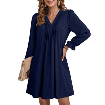 Womens Casual Dress A-Line Ruffle Sleeve V Neck Midi Dress 2026 Fashion Pleated Flowy Sundress Loose Shirt Dresses