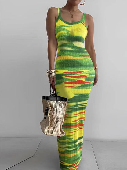 Women's Random Print Bodycon Dress, Elegant Sleeveless Long Dress for Beach Holiday Vacation, Ladies Summer Clothes, Sun Dresses, Casual Wear, Bohemian Sleeveless Dress, Womenswear, Fashion