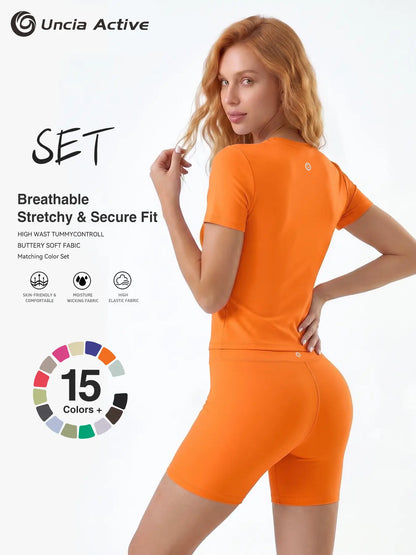 Women's Solid Round Neck Short Sleeve Athletic T-Shirt - 2 Piece Matching Gym Sets, Casual Sportswear for Indoor & Outdoor Fitness, Women's Clothes, Clothing summerwins Try it,travel essentials,camping essentials