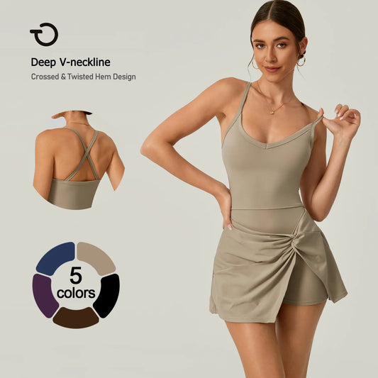 Women's 2-Piece Solid Color Cross-Back Tank Romper & Sports Skirt Set - High-Stretch Spandex, Cheerleader Style Lace-Up, Gym Yoga Attire, Cute 2-Piece Casual Matching Set for Women, Matching Sets For Women, Women's Matching Sets