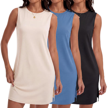3 Pack Women Summer Dress Sleeveless Crew Neck Tank Dress 2026 Casual Mini Dresses Beach T Shirt Sundress with Split