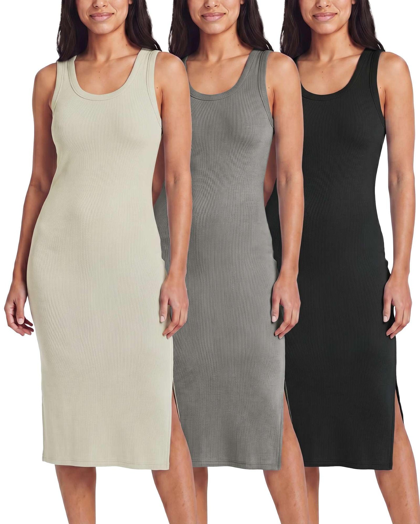 3 Pack Women's Sleeveless Midi Dresses Tank Shift Ribbed Knit Casual Slit | Casual, Work, Summer, Beach, Travel, Layering, Stretch, Dress, Sleeves, Length, Maxi; Soft, Breathable & Wrinkle Free