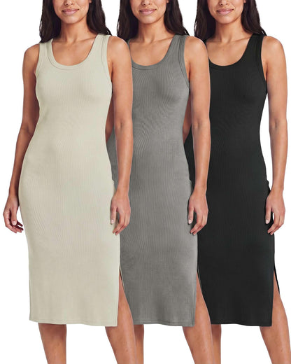 3 Pack Women's Sleeveless Midi Dresses Tank Shift Ribbed Knit Casual Slit | Casual, Work, Summer, Beach, Travel, Layering, Stretch, Dress, Sleeves, Length, Maxi; Soft, Breathable & Wrinkle Free