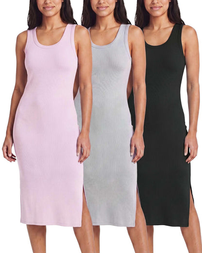 3 Pack Women's Sleeveless Midi Dresses Tank Shift Ribbed Knit Casual Slit | Casual, Work, Summer, Beach, Travel, Layering, Stretch, Dress, Sleeves, Length, Maxi; Soft, Breathable & Wrinkle Free